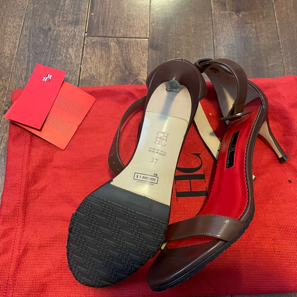 Carolina Herrera Brown Leather stiletto heels pumps sandals 37 like new - Picture 3 of 3